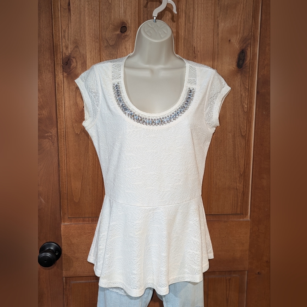 Vanity White Peplum Top with Rhinestone‎ & Silver Accents